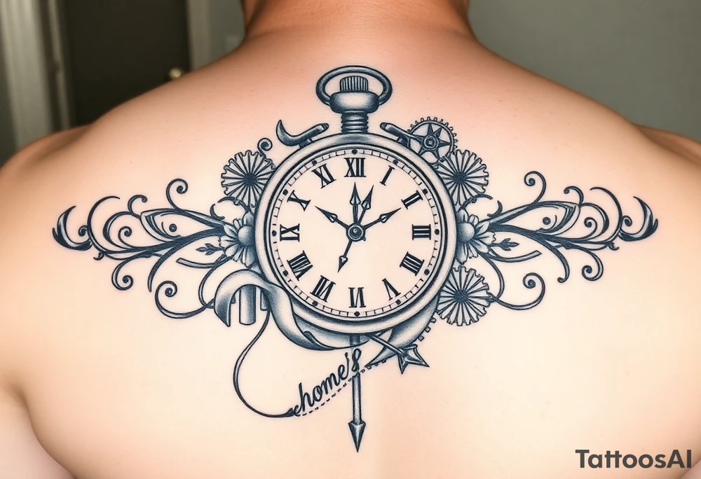 A meaningful tattoo for a 55-year-old man that embodies the themes of fatherhood, time, and integrity. Central to the design is a timepiece (such as a classic pocket watch, sundial, or hourglass) symbolizing his commitment to valuing and managing time despite challenges with focus due to ADD. The design incorporates subtle elements that celebrate his role as a father—perhaps small, meaningful symbols like initials, a family tree, or a compass pointing towards "home" to represent his children. Integrate dynamic elements like flowing sand, gears, or a ribbon of time to capture the feeling of focus and perseverance. The overall style can range from intricate realism to a more abstract or geometric design, depending on his preference.  Add a cross to represent his faith. tattoo idea