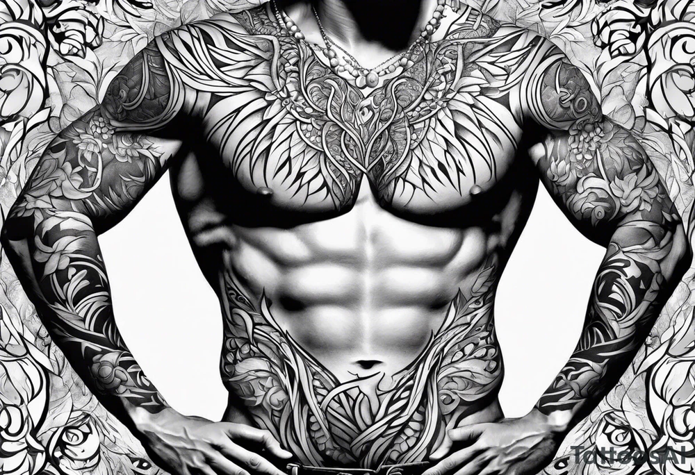 vines coming from skin and wrapping around body. front torso (chest, abs) tattoo idea