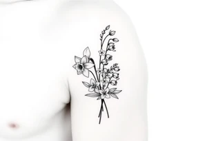 Feminine daffodils, Lily of the valley and larkspur bouquet tattoo idea