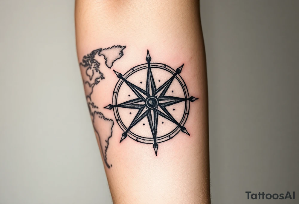 antique compass rose overlaid on weathered world map with sailing ships tattoo idea