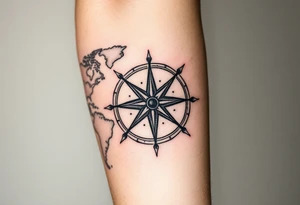 antique compass rose overlaid on weathered world map with sailing ships tattoo idea