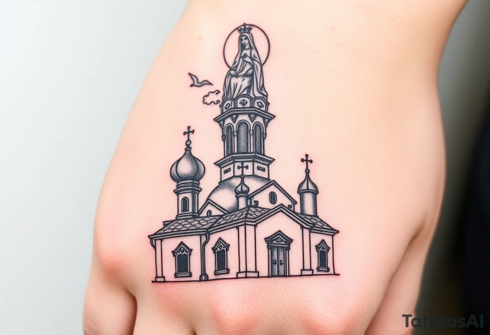 Russian Orthodox church with orthodox spire crosses, with clouds above it and a virgin mary seperately over looking sat above tattoo idea
