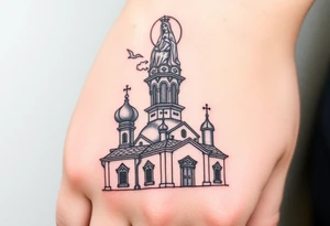 Russian Orthodox church with orthodox spire crosses, with clouds above it and a virgin mary seperately over looking sat above tattoo idea