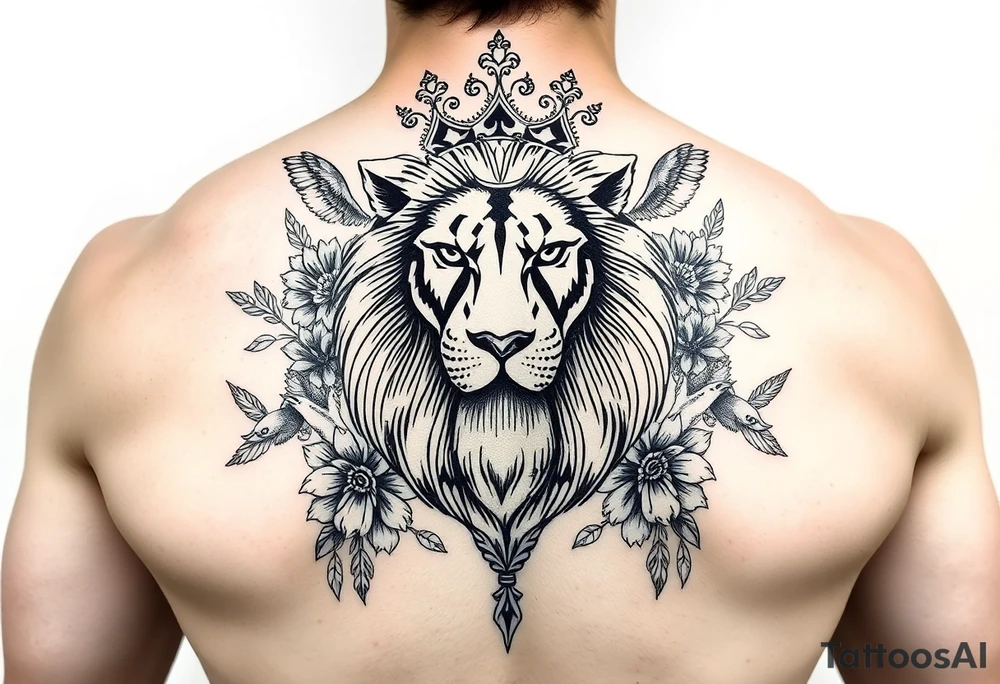 powerful majestic lion with a crown, surrounded by floral ornaments and birds tattoo idea