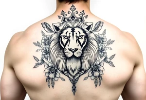 powerful majestic lion with a crown, surrounded by floral ornaments and birds tattoo idea