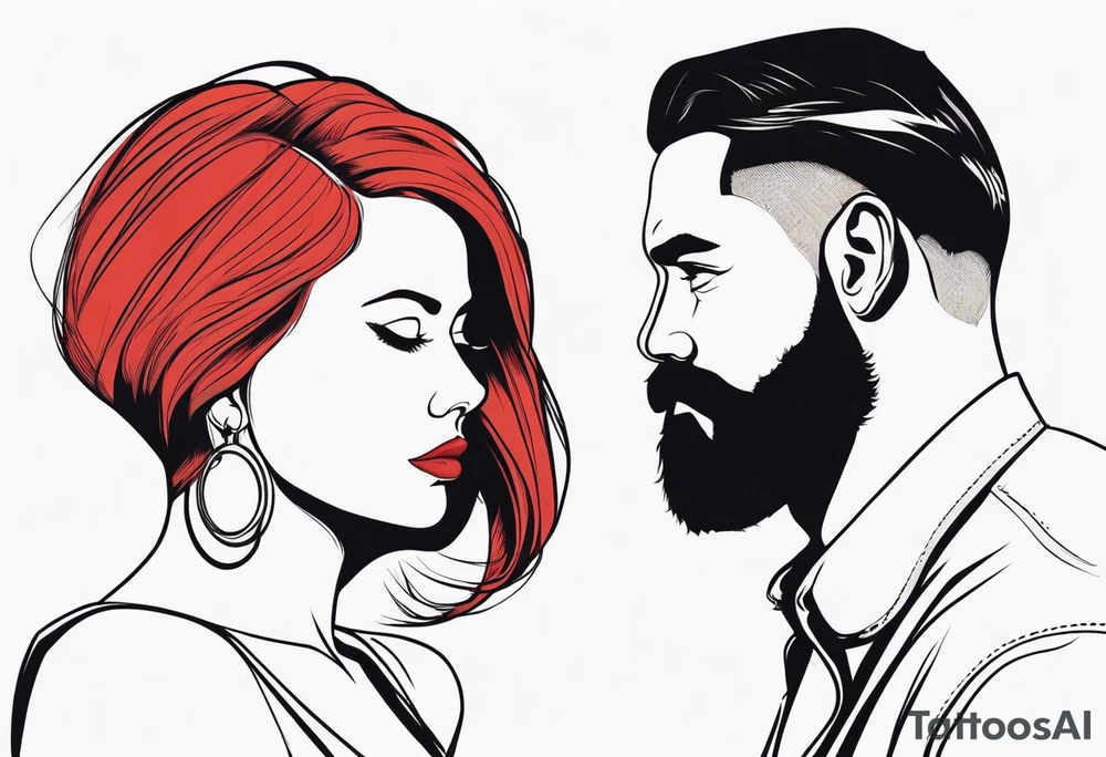 Busty red haired woman with a bearded man who has black hair tattoo idea