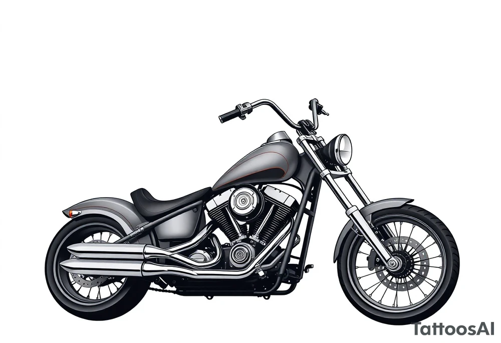 Low rider grey motorcycle, big muffler pipes with flames, angel wings, driving away, no person tattoo idea