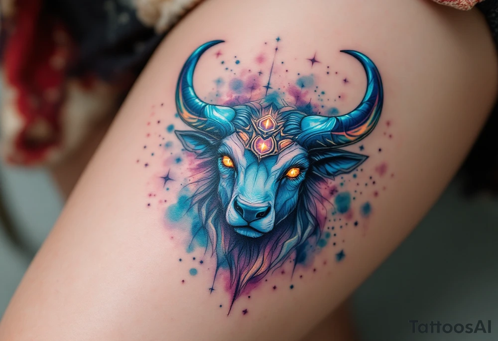 Like a cosmic guardian, Taurus watches with ochre eyes and glowing indigo horns. tattoo idea