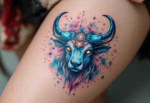 Like a cosmic guardian, Taurus watches with ochre eyes and glowing indigo horns. tattoo idea