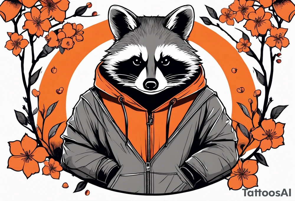 raccoon wearing a Superman hoodie with orange cherry blossoms tattoo idea