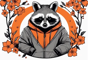 raccoon wearing a Superman hoodie with orange cherry blossoms tattoo idea
