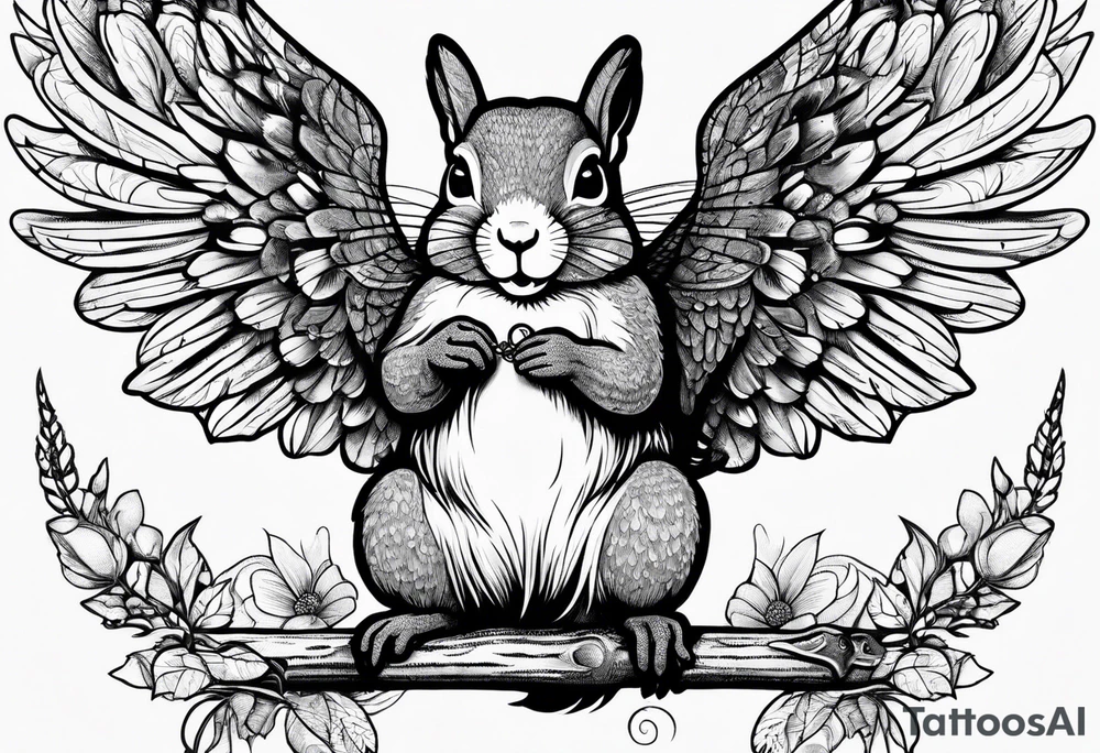Squirrel with angel wings holding a nut tattoo idea