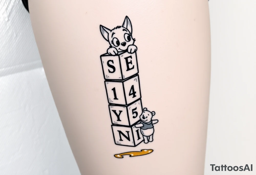 a thigh tattoo with alphabet blocks going down vertically stacked crooked on the alphabet blocks,the name S E V Y N is alternated on the sides of all five blocks and 07 14 25 is alternated on the other sides of the blocks as well and on the top of the blocks Marie from the Aristocats peeking looking showing her eyes, and her bow on her head and her front pause and then on the bottom block Winnie the Pooh standing on the ground, reaching up on the block for the honey that’s spilling off the side and on the left side then not on the blocks to say 6 ounces 12 pounds 20 inches all lined up in a column going vertically starting with the 6 ounces 12 pounds and 20 inches in that order and then on the right side, not touching the blocks to say 3:51 AM. tattoo idea