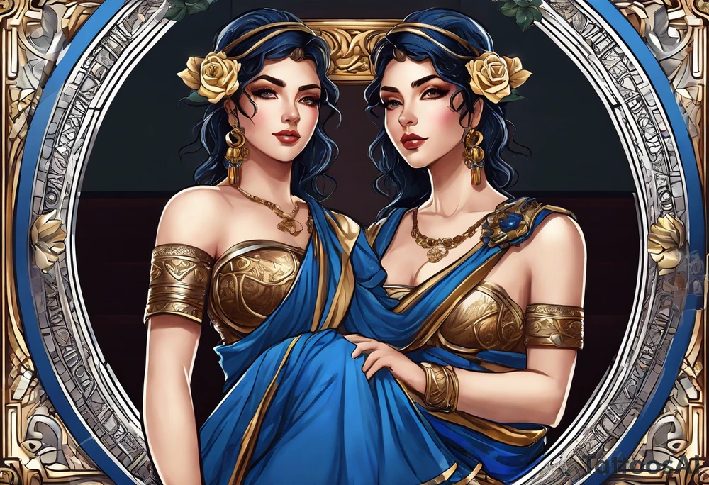 ancient rome clothes ,women,,ancient scale in one hand, blue rose frames, ladies justicia ,keeps  scale tattoo idea