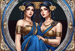 ancient rome clothes ,women,,ancient scale in one hand, blue rose frames, ladies justicia ,keeps  scale tattoo idea