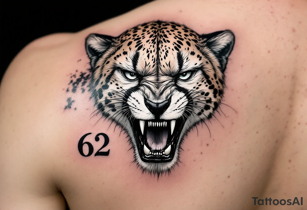 angry cheetah with the number 62 tattoo idea