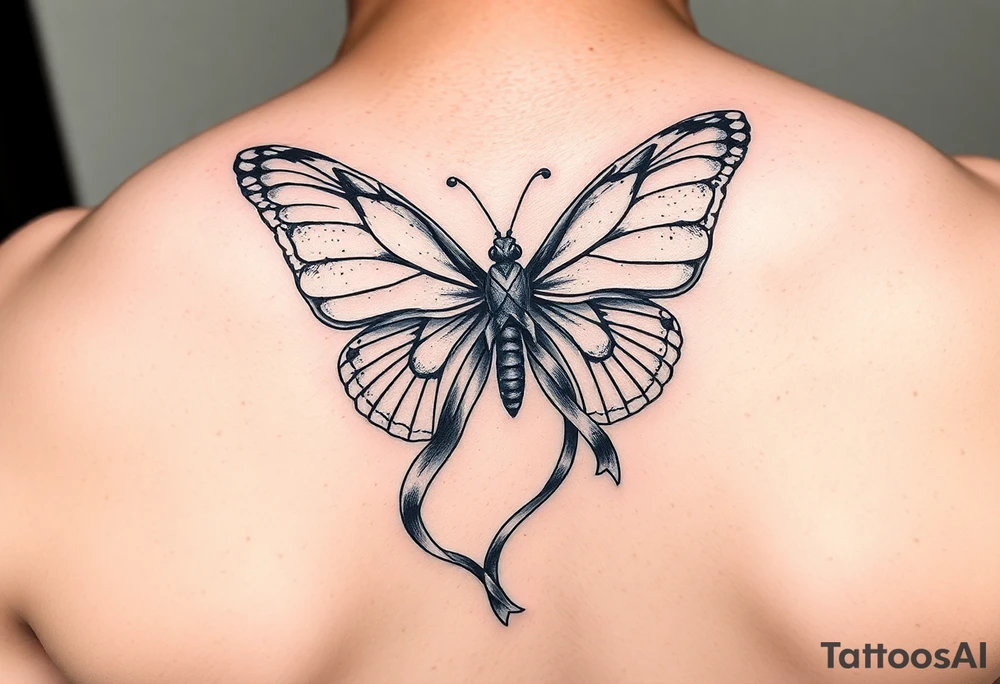 ethereal butterfly with flowing silk HIV-positive symbol ribbons in moonlight tattoo idea