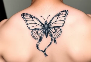 ethereal butterfly with flowing silk HIV-positive symbol ribbons in moonlight tattoo idea