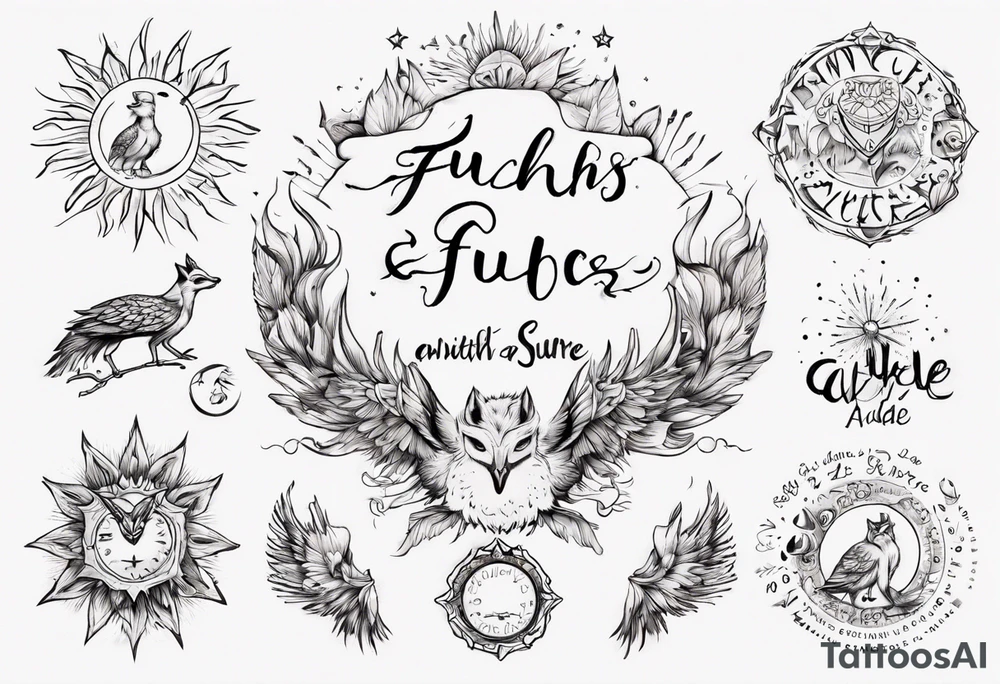 Fuchs und Eule unter der Sonne mit dem Schriftzug Sapere Aude tattoo idea