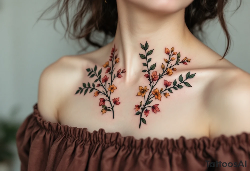 Two separate collarbone tattoos of long, stems and branches covered with red, orange, yellow and dark forest green leaves and flowers, academia, witchy, muted, delicate and gentle but moody, long and thin, following the collarbone. More muted, not so bright, darker colors. Fewer amount of leaves, larger leaves tattoo idea