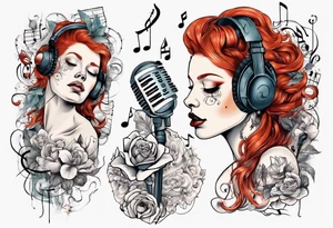 Redhead woman with Music score as her hair and a microphone tattoo idea