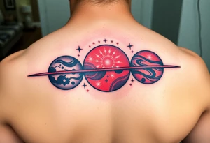 three horizontal planets. Color Black and red with more black tattoo idea