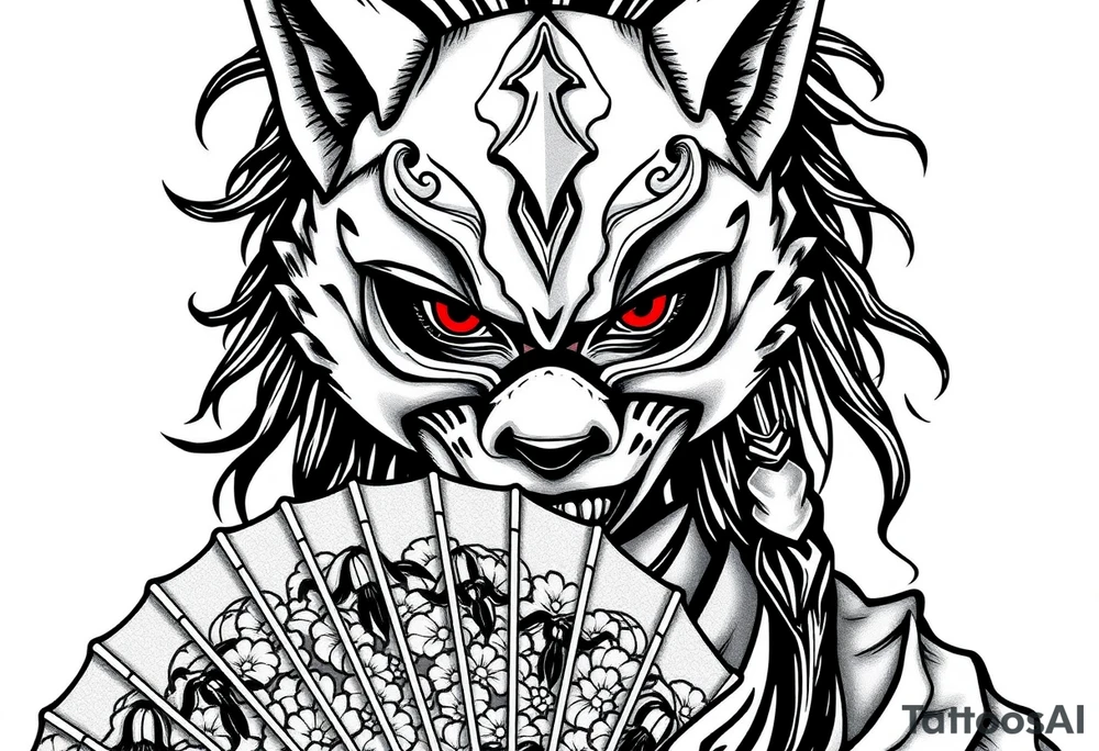 Woman samurai with red eyes, wearing an half and broken fox mask, wearing a japanese fan with irises. tattoo idea