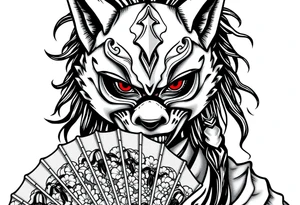 Woman samurai with red eyes, wearing an half and broken fox mask, wearing a japanese fan with irises. tattoo idea