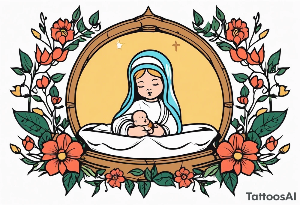 baby jesus in manger

old school vintage simple traditional design with vintage flowers surrounding it bold color simple tattoo idea