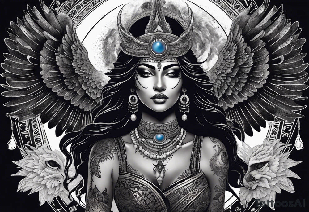 black kali, goddess pirate, alien, angel, pachamama, valkrye, warrior, flying, skull, lotus azul, wing, eagle, zenza resonance, stars, 5D, anahata chakra, death, durga, riding on a tiger, flying lady, kundalini, chest tatoo, samuri, rebel,serpent tattoo idea