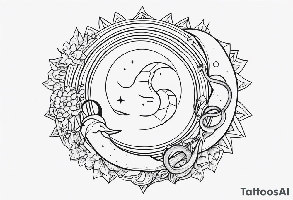 Matching tattoo of sun and moon with a snake tattoo idea