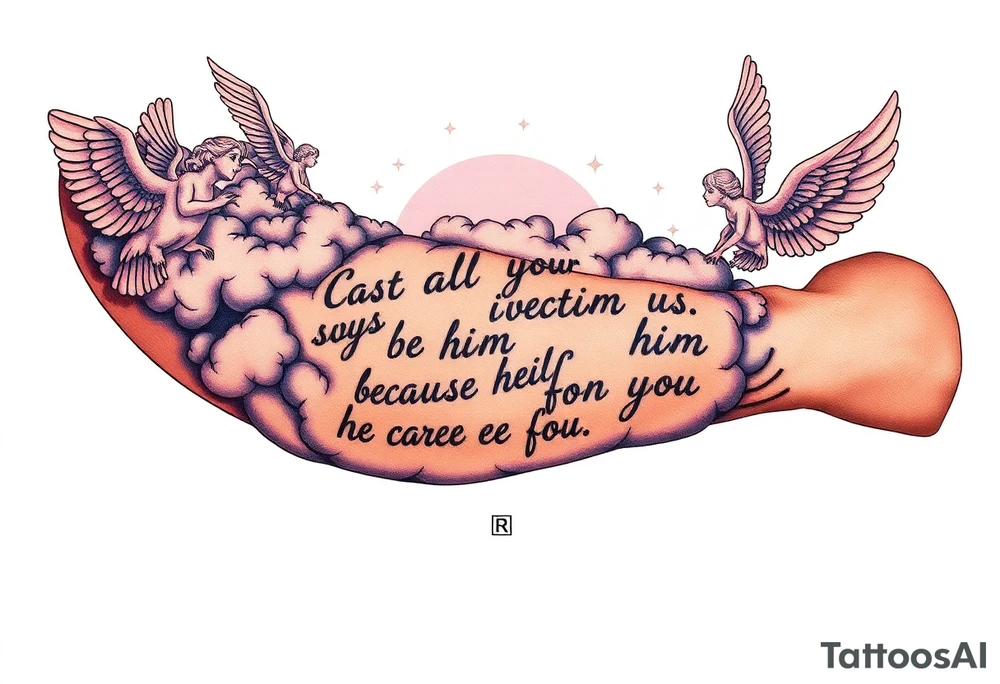 cast all your anxiety on him because he cares for you"  surrounded with clouds and angels tattoo idea
