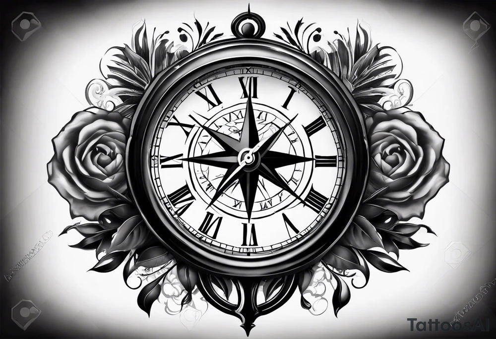 draw me a tattoo with an old clock and a compass rose. shadows of roman numerals are in the background. it is a tattoo located on the left shoulder of a man. it is black and white. tattoo idea