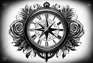 draw me a tattoo with an old clock and a compass rose. shadows of roman numerals are in the background. it is a tattoo located on the left shoulder of a man. it is black and white. tattoo idea