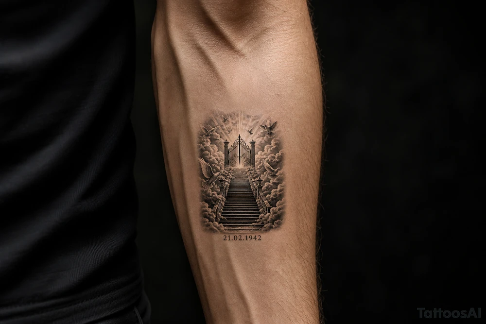 Stairway to heaven, with clouds surrounding the stairs, and the gate being at the top. A date, below the stairs, in Roman numerals 21.02.1942. Also, add some doves flying above the gates, and around the stairs. tattoo idea