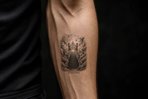 Stairway to heaven, with clouds surrounding the stairs, and the gate being at the top. A date, below the stairs, in Roman numerals 21.02.1942. Also, add some doves flying above the gates, and around the stairs. tattoo idea