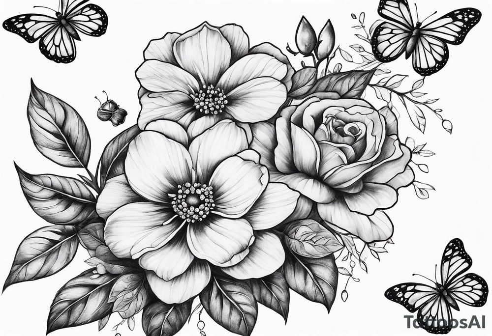 Flowers with "Ruby" in calligraphy font and butterflies around it tattoo idea Flowers with "Ruby" in calligraphy font and butterflies around it tattoo idea