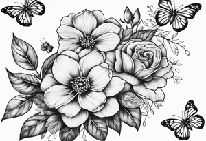 Flowers with "Ruby" in calligraphy font and butterflies around it tattoo idea