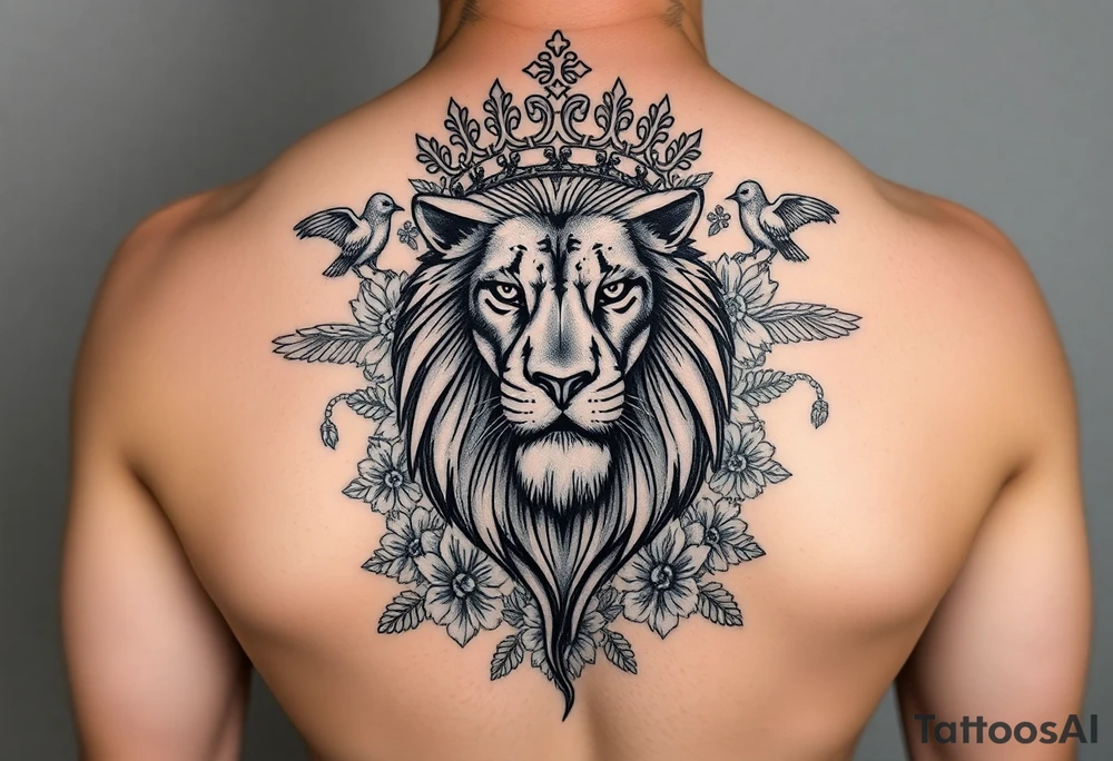 powerful majestic lion with a crown, surrounded by floral ornaments and birds tattoo idea