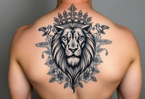 powerful majestic lion with a crown, surrounded by floral ornaments and birds tattoo idea