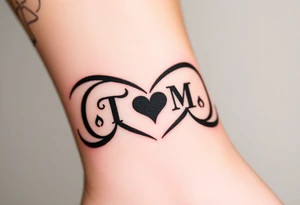 An infinity symbol with two initials T and M on each loop and a tiny heart in the center in black ink tattoo idea