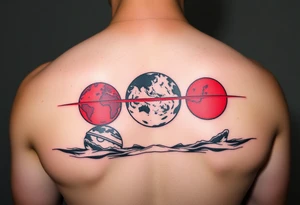 three horizontal planets. Color Black and red with more black tattoo idea