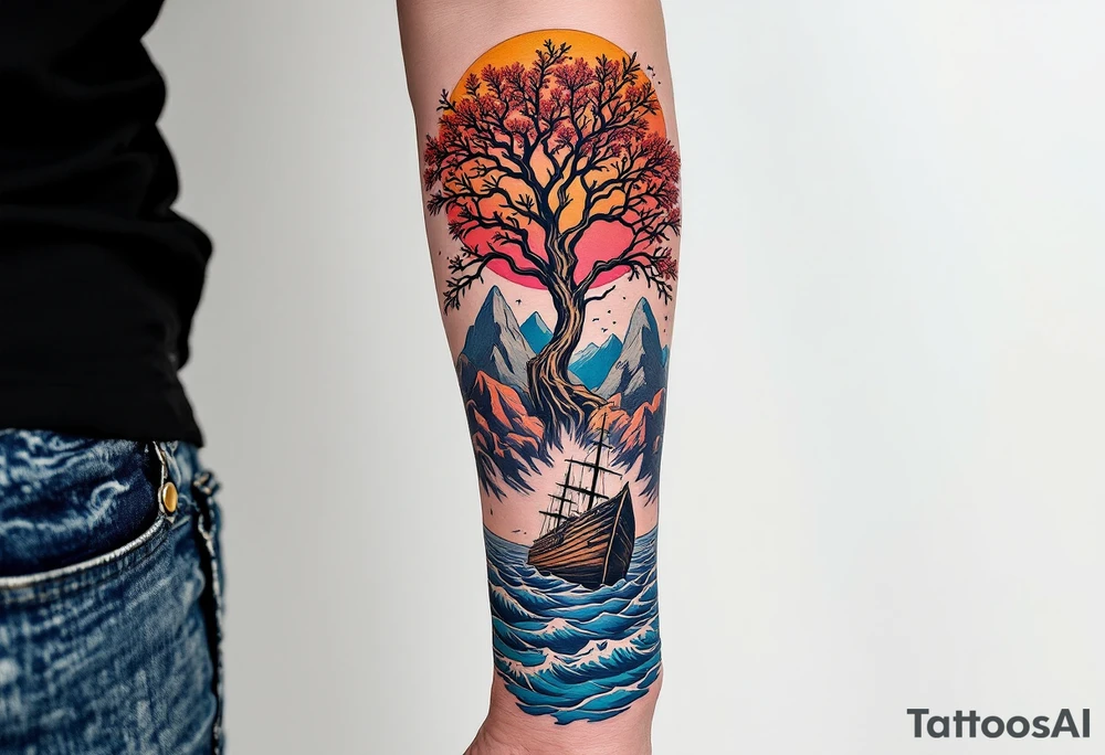 a forearm tattoo that has an acacia tree with mountains, ocean with a ship wreck tattoo idea