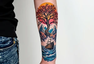 a forearm tattoo that has an acacia tree with mountains, ocean with a ship wreck tattoo idea
