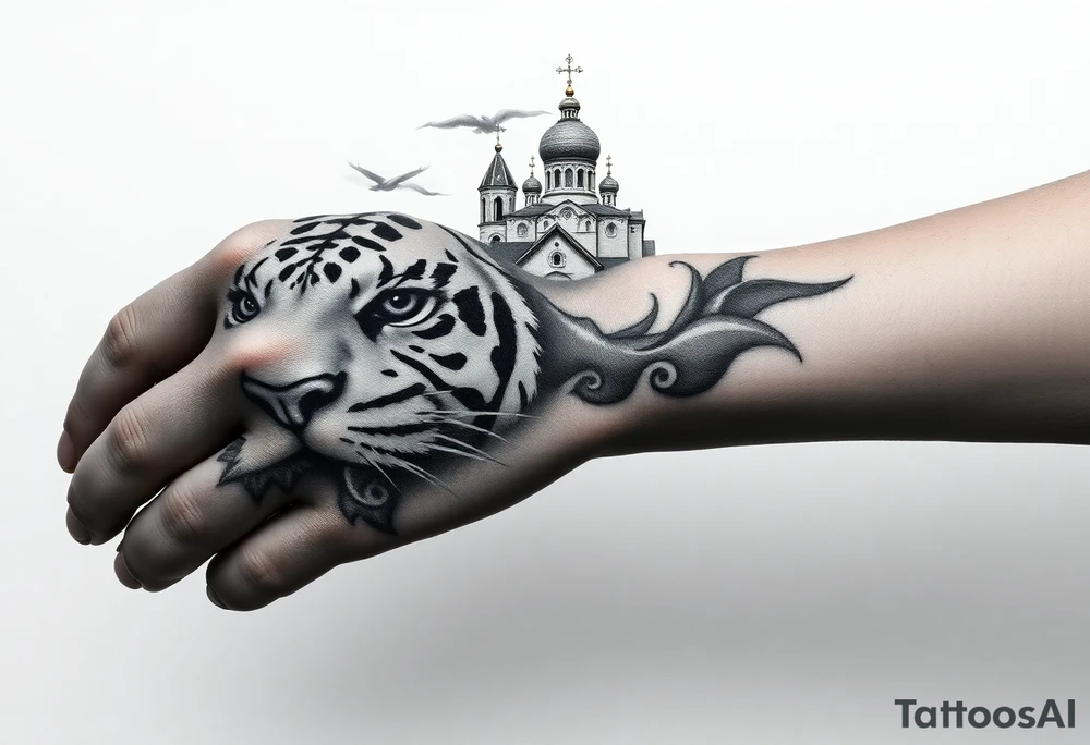 in a dorsal view of the hand and forearm a tiger face on the hand with black hollowed eyes, then above this a orthodox church shrouded with a mist and fading into a virgin mary overlooking tattoo idea