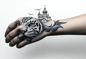 in a dorsal view of the hand and forearm a tiger face on the hand with black hollowed eyes, then above this a orthodox church shrouded with a mist and fading into a virgin mary overlooking tattoo idea