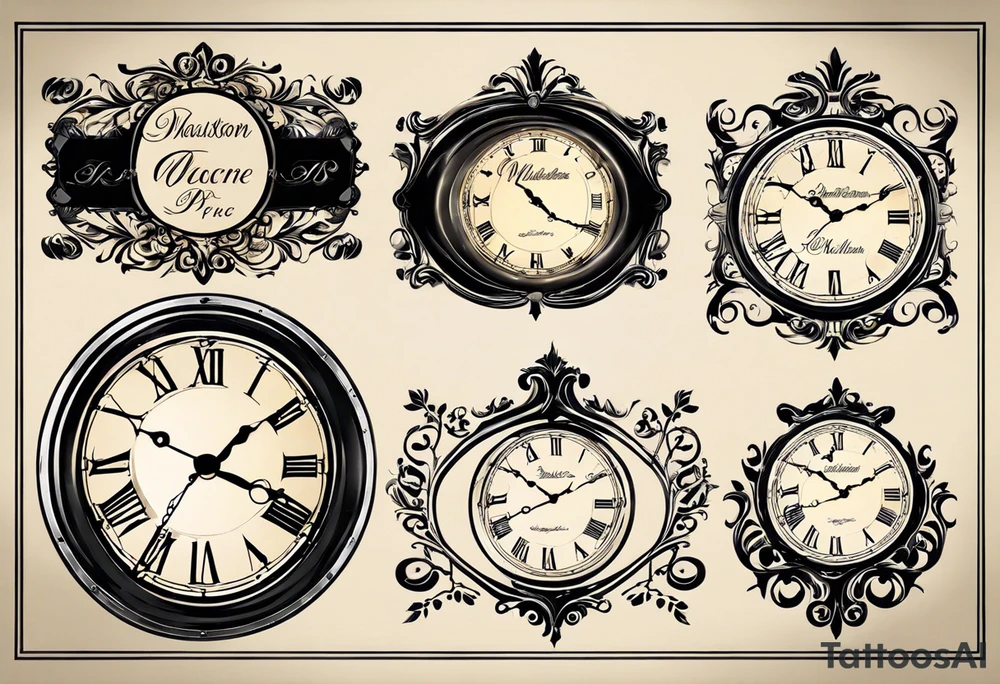 Here's a concept for your tattoo design:

1. **Name (Walston)**: Place the name "Walston" prominently, perhaps in an elegant, flowing script or calligraphy style, to give it a personal and stylish touch. This can be placed either at the top or bottom of the design.

2. **Clock**: Draw an old-fashioned pocket watch or a vintage clock, symbolizing the passage of time. Position it centrally in the design, ensuring it is the focal point.

3. **Doves**: Illustrate doves flying towards the clock from various directions. Doves often symbolize peace and freedom, adding a sense of serenity and movement to the tattoo.

The layout could be as follows:

- The name "Walston" arched elegantly above or below the clock.
- The clock in the center with intricate details.
- Doves flying in from the sides, with their wings spread, creating a dynamic flow towards the clock. tattoo idea
