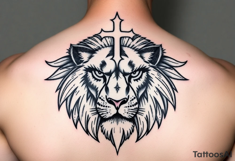 lion with lashes and cross over head tattoo idea