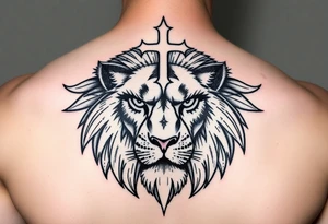 lion with lashes and cross over head tattoo idea