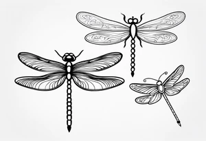 2 Dragonflies one with a lock as the chest 
and the other has a key for the tail fine black line style tattoo idea